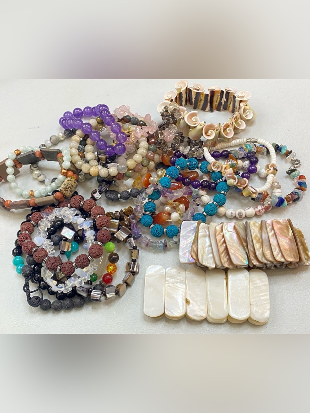 LOT OF 27 Gemstone Stone Shell Lava Beaded Stretch Bracelet Jewelry